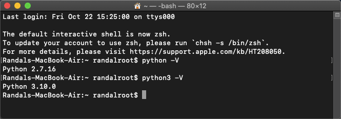 Testing Pythons version with -V